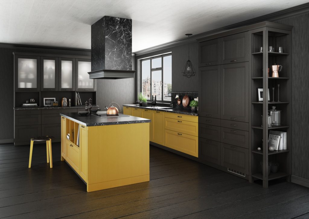 Bauformat Black Yellow Shaker L Shaped Kitchen With Island 1 | Atlas Kitchens, Nottingham