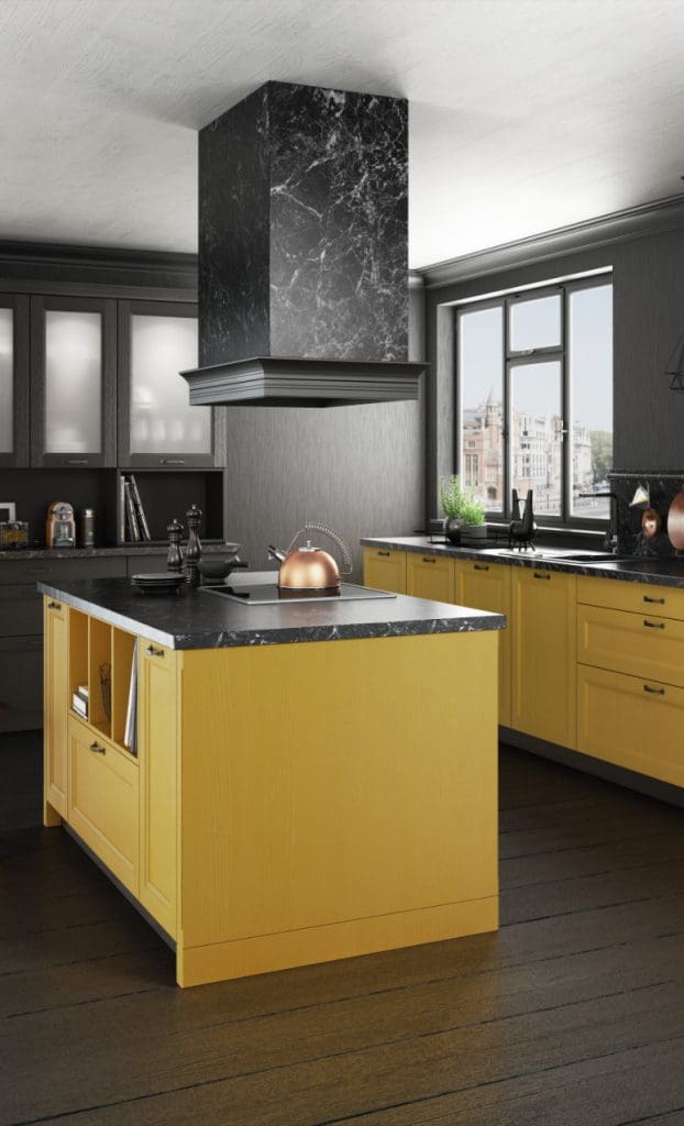 Bauformat Black Yellow Shaker L Shaped Kitchen With Island 2 | CS Kitchens, Belfast